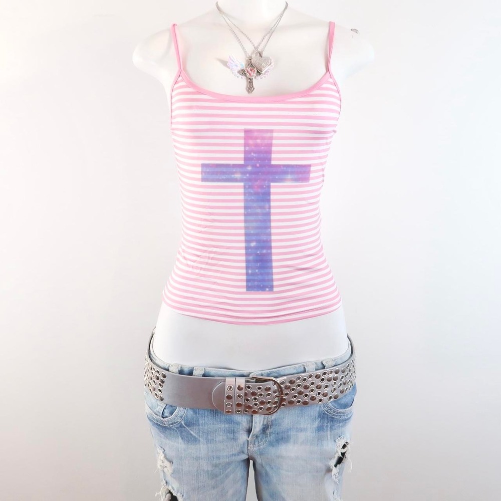 y2k pink white striped cross graphic cami tank top 2000s tumblr